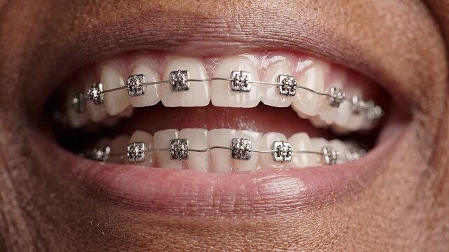 Closeup of a woman&rsquo;s smile with orthodontic braces showing dental alignment progress from beginning through treatment development