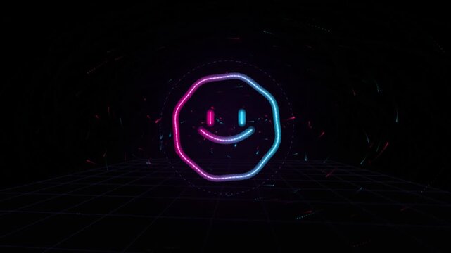 Neon smiley face logo glows in pink and blue colors on an octagonal frame above a dark retro grid landscape with floating particles under a synthwave aesthetic atmosphere.