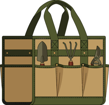 Green canvas garden tool bag with equipment illustration