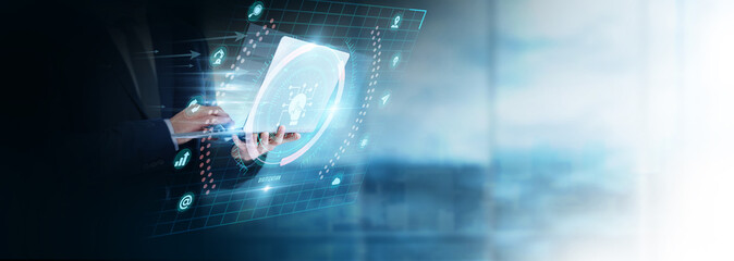 Businessman Using Laptop for Analyzing Digitization Data. Transforming business information,...