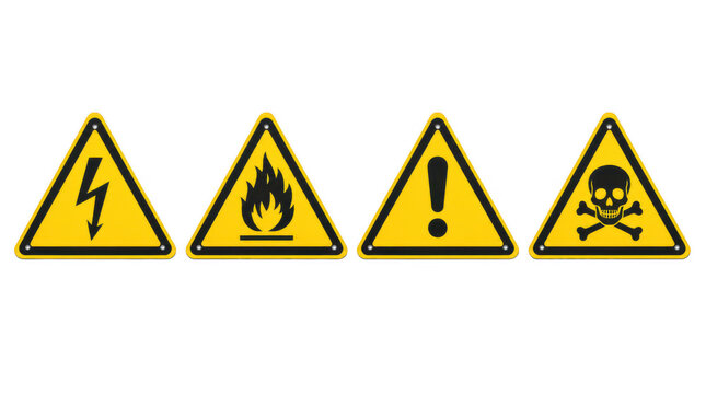 Set of triangular yellow hazard warning signs including high voltage, flammable, general danger, and toxic skull symbols, concept of industrial safety and risk caution.