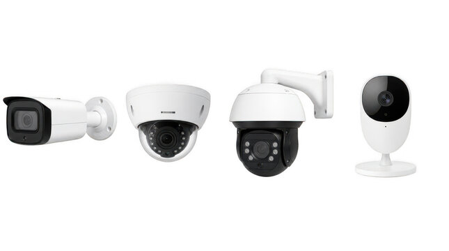Set of modern CCTV security cameras including bullet, dome, PTZ, and smart indoor cameras, concept of home security and video surveillance isolated on transparent background.