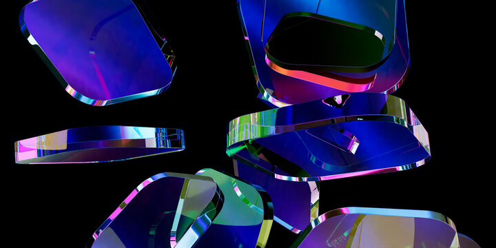  Abstract 3D Render of Scattering Translucent Holographic Rounded Rectangles and Slabs with Vibrant Refractions on Black Background