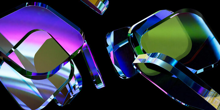 Abstract 3D Render of Floating Iridescent Translucent Glass Plates and Rounded Squares with Colorful Refractions on Black Background