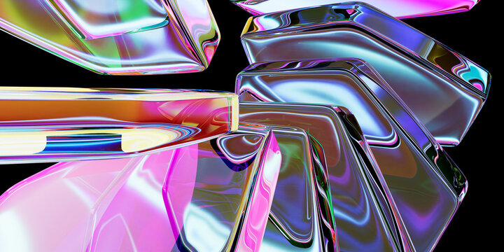 Abstract 3D Render of Dynamic Stack of Holographic Iridescent Translucent Pink and Blue Glass Panels and Slabs with Vibrant Refractions on Black Background