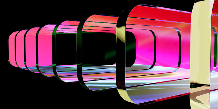 Abstract 3D Render of Linear Perspective Tunnel Formed by Translucent Pink and Golden Rounded Rectangular Glass Frames on Black Background