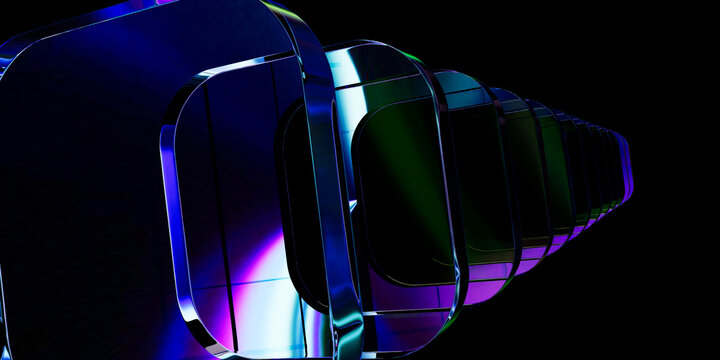 Abstract 3D Render of Perspective Tunnel of Stacked Translucent Rounded Glass Frames with Iridescent Refractions on Black Background