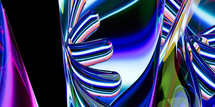 Abstract 3D Close-Up Macro Render of Fluid Holographic Iridescent Liquid Waves and Metallic Curves with Vibrant Refractions on Black Background