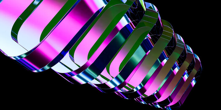 Abstract 3D Close-Up Macro Render of Spiral Stacked Translucent Pink and Green Glass Layers and Slabs with Vibrant Refractions on Black Background
