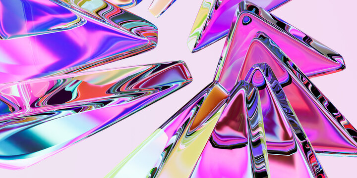 Abstract 3D Render of Floating Translucent Pink and Purple Triangular Glass Prisms with Holographic Iridescent Liquid Refractions on Light Background
