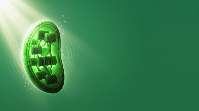 3D render of chloroplast cell structure illuminated by sunlight with thylakoid grana