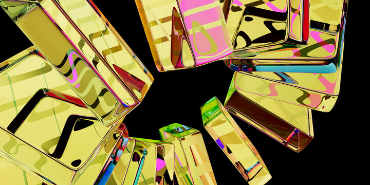Abstract 3D Render of Floating Translucent Yellow and Gold Glass Slabs and Rectangular Blocks with Vibrant Iridescent Refractions on Black Background