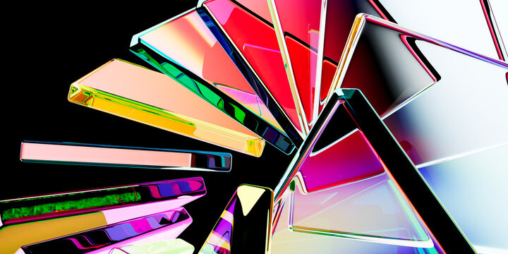 Abstract 3D Render of Dynamic Radial Spiral Pattern of Multicolored Holographic Glass Slabs with Rainbow Iridescent Edges on Black Background