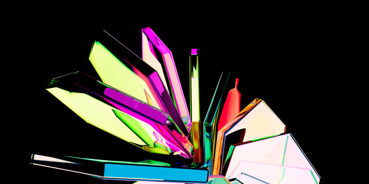 Abstract 3D Render of Exploded Radial Burst of Colorful Glowing Crystalline Glass Prisms and Slabs with Iridescent Edges on Black Background