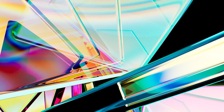 Abstract 3D Render of Close-Up Macro Composition of Translucent Holographic Cyan and Pastel Glass Slabs with Iridescent Rainbow Edges on Black Background