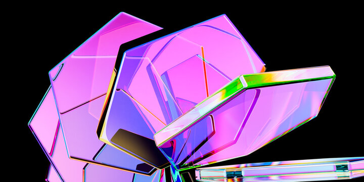 Abstract 3D Render of Geometric Blooming Flower Structure Made of Translucent Pink and Purple Glass Slabs with Rainbow Iridescent Edges on Black Background