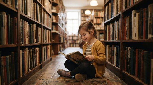 smiling girl sitting on floor reading picture book between library aisles