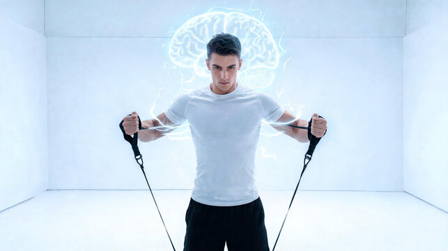 A focused young man in a white shirt pulls two resistance bands outward inside a bright empty white room, while a glowing brain graphic radiates energy lines behind his head.