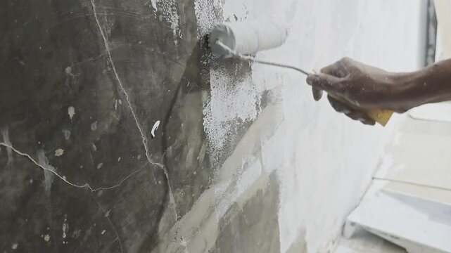 a hand applying white paint coat onto a raw dark concrete wall with a paint roller, ideal for home renovation, interior design, DIY repair, wall priming, and construction concepts.