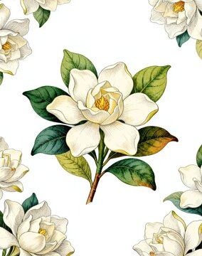 Vintage Gardenia Botanical Plate Illustration with Multiple Blossoms, Green Foliage and Clean White Space