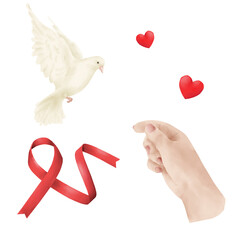 Naklejka premium A flying white dove and a red ribbon, two x hearts and a human hand with a gentle gesture. Watercolor illustration. A set of drawings conveying hope, support and solidarity.
