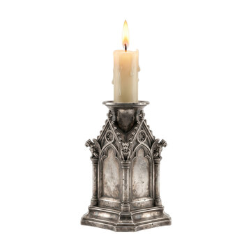 Antique silver cathedral pillar candlestick holder with burning wax candle isolated on transparent background