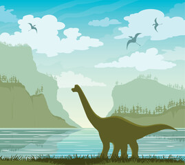 Prehistoric vector illustration with silhouette of diplodocus, blue lake and mountains with trees. Image with dinosaurs in wild nature. © Natali Snailcat