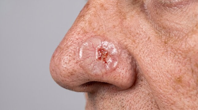Close up of basal cell carcinoma nodular skin cancer lesion with ulcer on nose