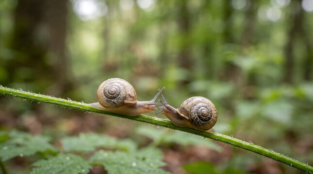 Two snails meeting on a green stem in a lush forest