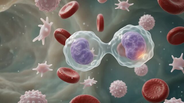 Microscopic view of blood cells, including red blood cells, white blood cells, and platelets, flowing through a vein.