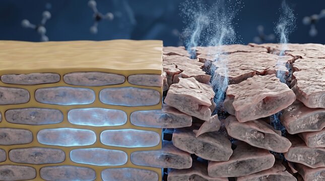 3D medical illustration of damaged dry cracked skin barrier losing moisture