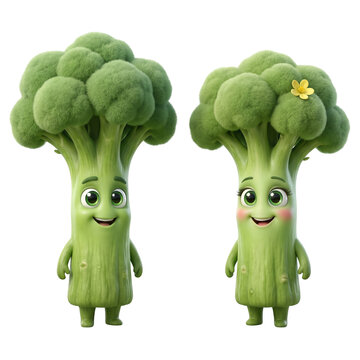 Cute happy broccoli character matching pair smiling, detailed 3D animated floret mascots isolated on pure white background