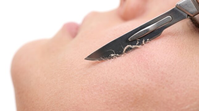 Professional dermaplaning scalpel blade gently exfoliating dead skin and vellus hair