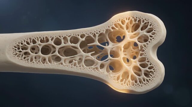 Medical animation of human bone cross-section showing trabecular structure and bone marrow