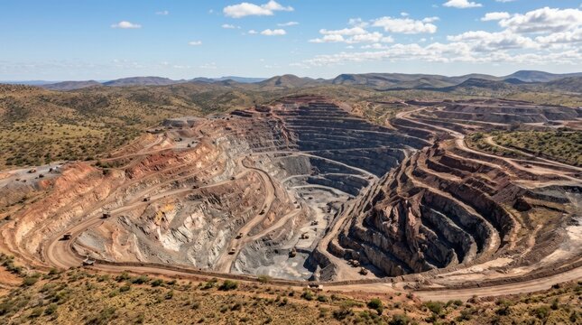Aerial View of a Deep Open Pit Mine with Terraced Excavation Layers and Haul Trucks in Arid Landscape