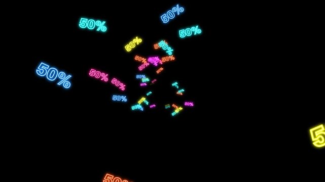 Neon 50 Percent Off Signs Moving Towards Camera for Black Friday Sale Promotion on Black Background