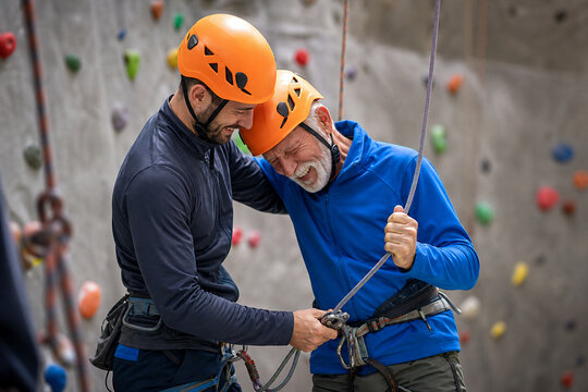 Two climbers in helmets support each other on an indoor rock wall, demonstrating teamwork, safety, and mentoring during a training session