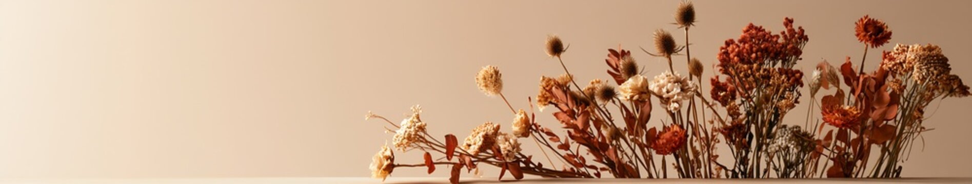 Botanical still life of dried autumn flowers and seed heads on a neutral beige background with left copy space