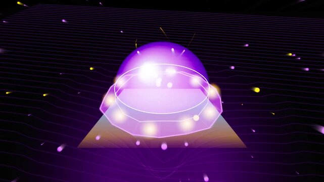 Glowing purple dome spaceship landing on a golden triangular platform amidst flying neon light streaks and space debris over a dark digital grid background in a sci-fi universe.