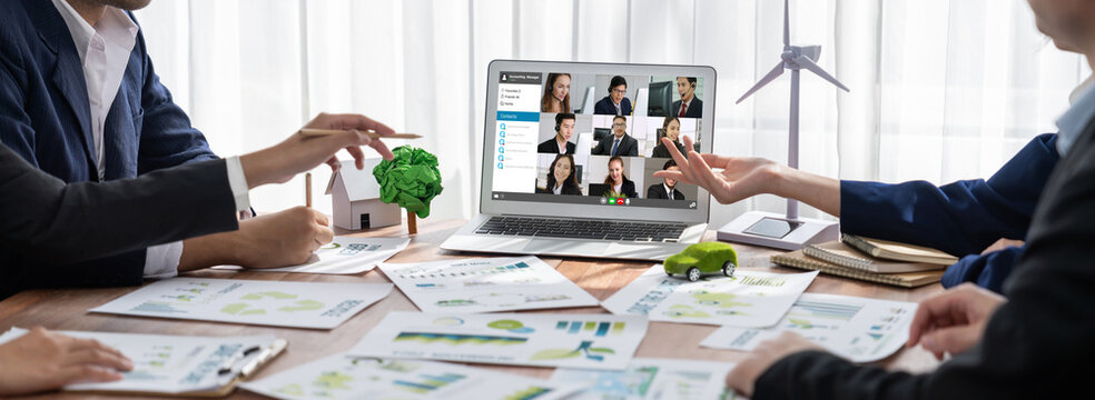 Business people on video conference for brisk virtual group meeting of corprate business office workers