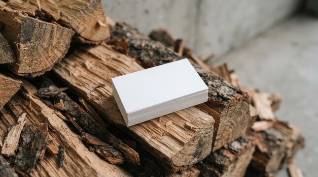 Stack of blank business cards on a pile of firewood