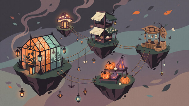 Fantasy Floating Island Market Village with Glowing Lanterns and Pumpkins Autumn Halloween Background Illustration