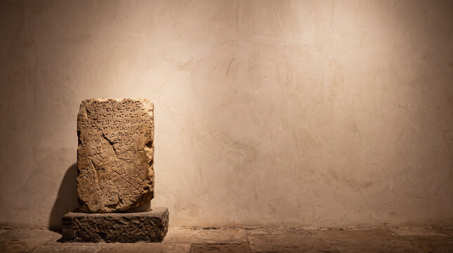 Stone tablet with cuneiform script displayed on a pedestal in an archaeological museum gallery