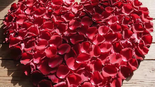 Red Rose Petals Arranged in Heart Shape on Wooden Table