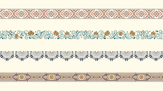 Four decorative horizontal borders with geometric and floral patterns isolated on a transparent background