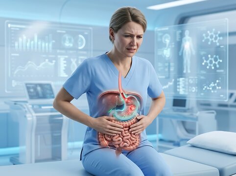 A woman in medical scrubs experiencing stomach pain with a holographic visualization of her digestive system displayed over her abdomen in a clinical setting