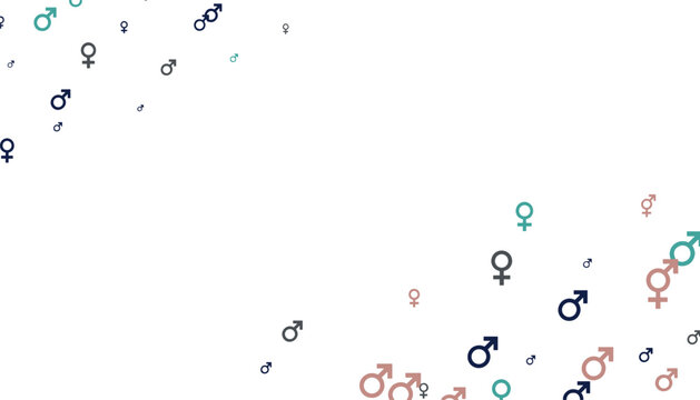 Gender symbols in various pastel colors are scattered across a white background representing diversity.