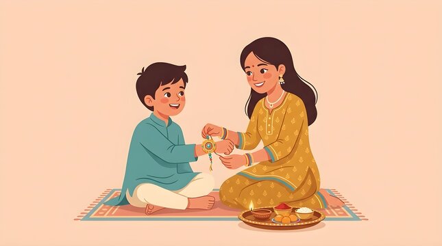 Happy Raksha Bandhan Vector Illustration of Sister Tying Sacred Rakhi Thread on Younger Brother Wrist with Puja Thali and Sweets
