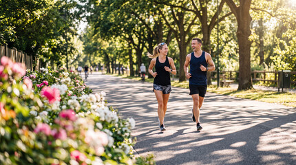 Fototapeta premium Happy Active Couple Jogging Together in Sunny Urban Park Surrounded by Blooming Flowers