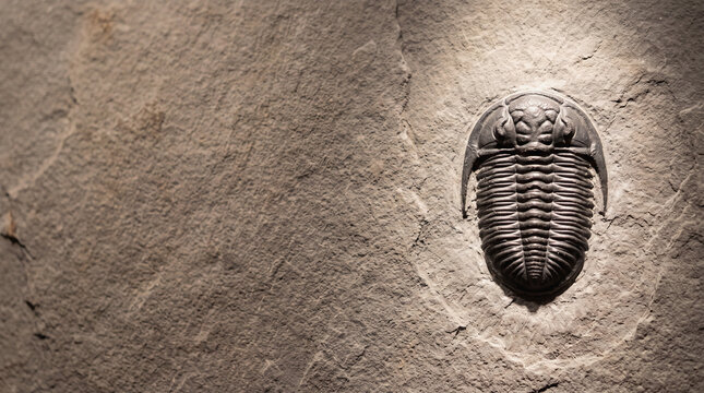 Fossilized trilobite embedded in ancient rock layer close up view showing detailed prehistoric exoskeleton